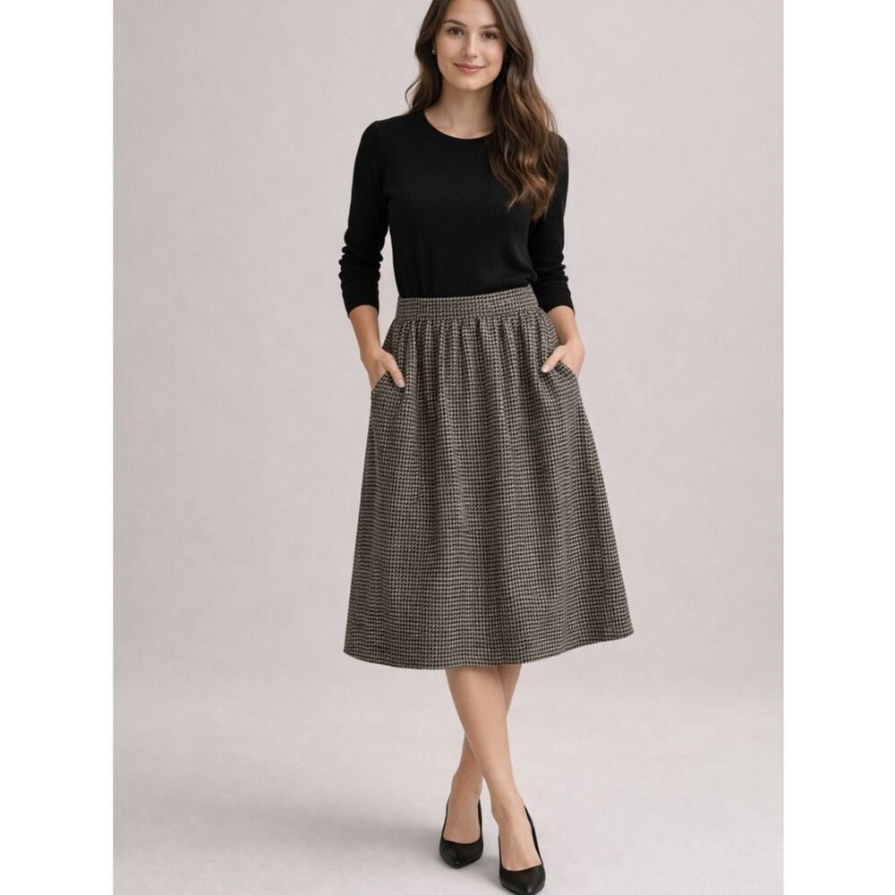 Vintage Evan Picone Houndstooth Midi Skirt USA Wool Blend Size 8